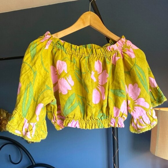 Free People Tops - Free People Green & Pink Hawaiian Hibiscus Print 100% Linen Crop Top
